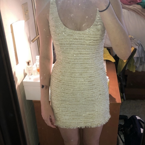 NBD Revolve Ivory Tweed & Metallic Gold Fringe Holiday Mini Dress - Picture 8 of 10